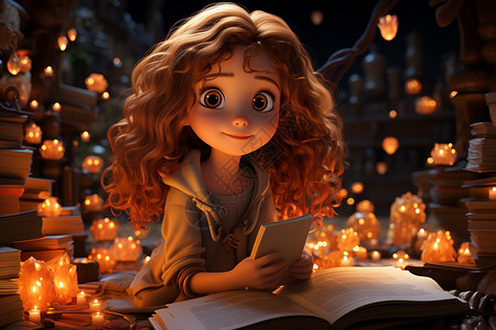 少女在灯光中阅读背景图片
