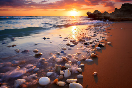日落中的岩石海滩背景图片