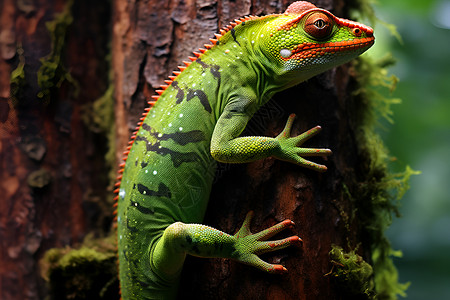 蜥蜴举着叶子森林中一只绿色蜥蜴背景
