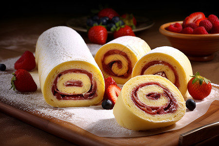 草莓瑞士卷美味的水果甜点展示背景