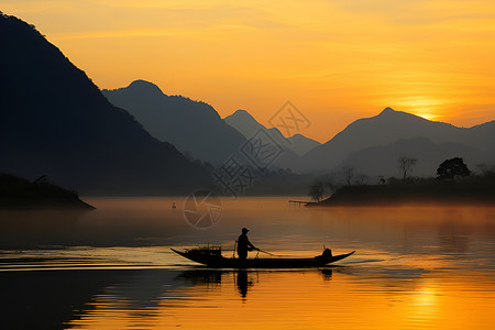 渔船剪影黄昏时分背景