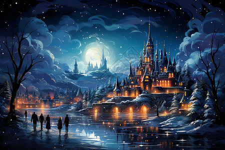 冰雪城市河流边的城堡插画