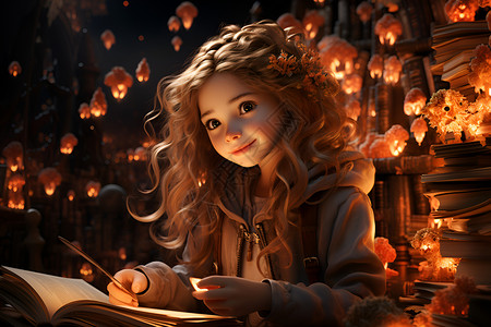 灯笼下阅读的女孩背景图片