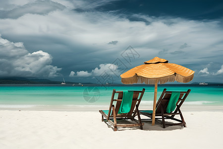 沙滩太阳伞白色沙滩背景