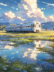 春日列车穿过湖水背景图片