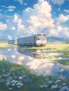 列车穿越花草田间背景图片