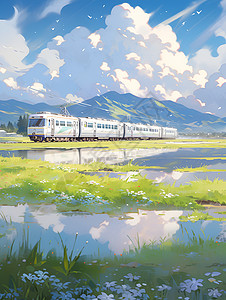 春天的火车旁边是湖泊背景图片
