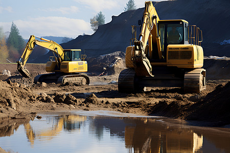 水泥土黄色挖掘机在水塘边背景