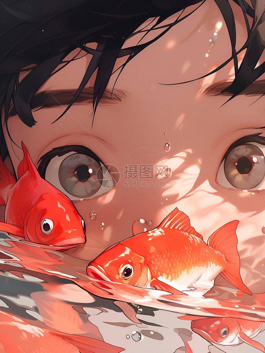 水中的少年和小鱼图片