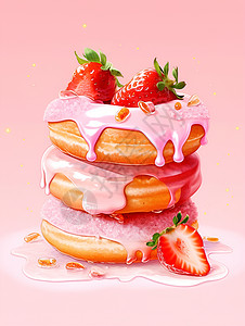 新鲜烘焙的草莓甜甜圈背景图片