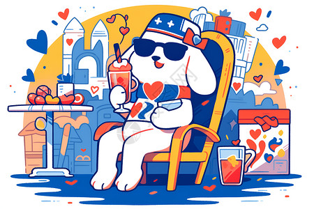 椅子上喝饮料的小狗背景图片