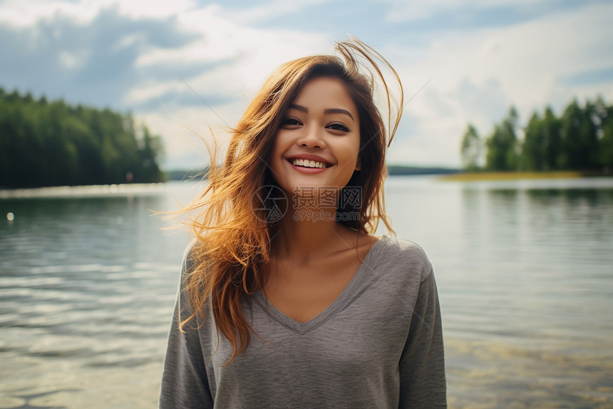湖畔微笑的女孩图片