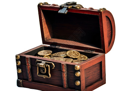 木质箱子重的硬币背景图片