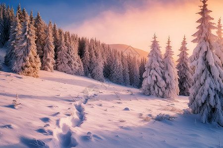 山林中的雪地背景图片