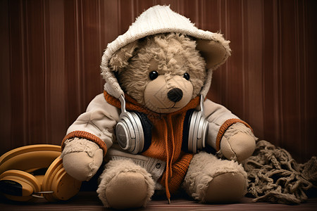 可爱商品素材带着耳机的小熊玩偶背景