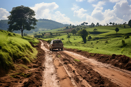 泥泞道路上行驶的汽车背景图片