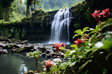 热带丛林的瀑布景观背景图片