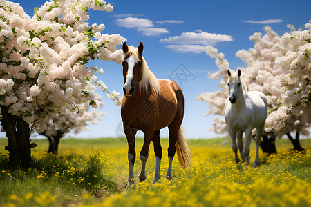 樱花树下的两匹马背景图片