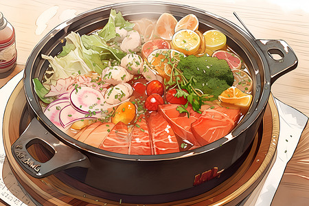 火锅辅料肉片美味的蔬菜和肉片插画