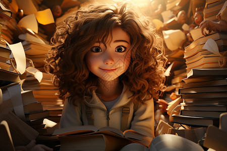 书海中的微笑少女背景图片