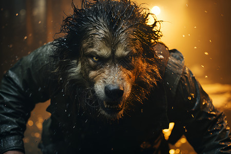凶猛的狼孤狼在雨中追逐人类设计图片