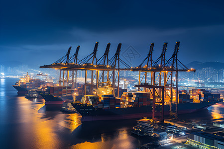 夜晚的港口的船背景图片