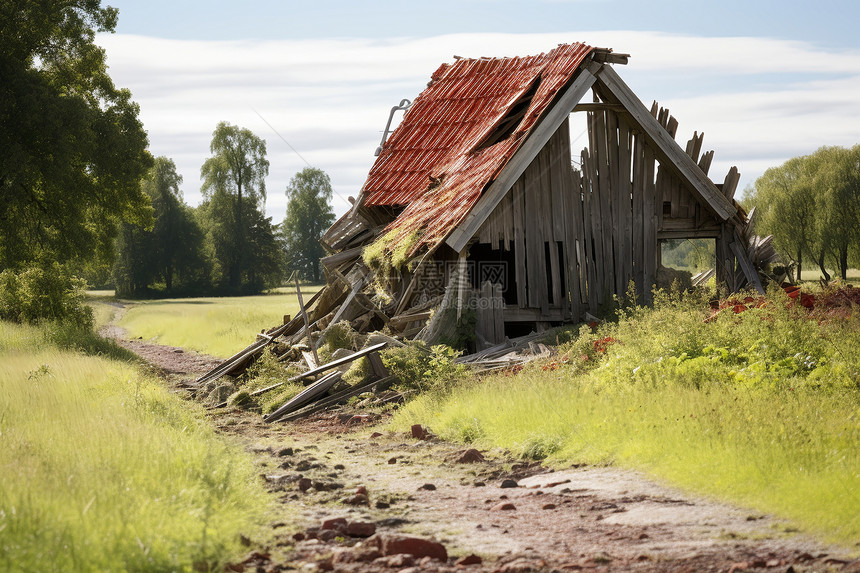 夏季田园风光中的废弃小木屋图片