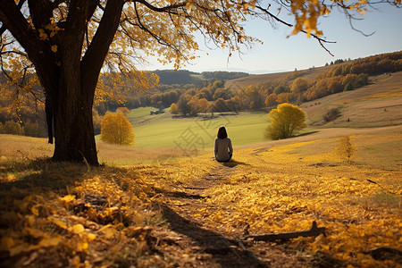 秋季山谷中的女子背景图片