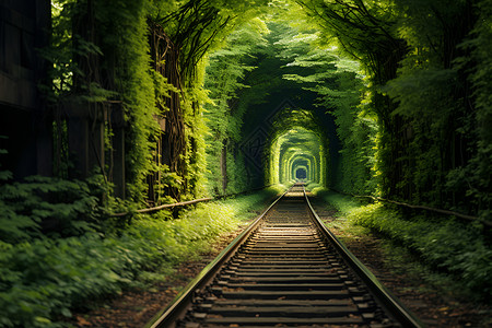 森林列车列车轨道穿越树丛背景