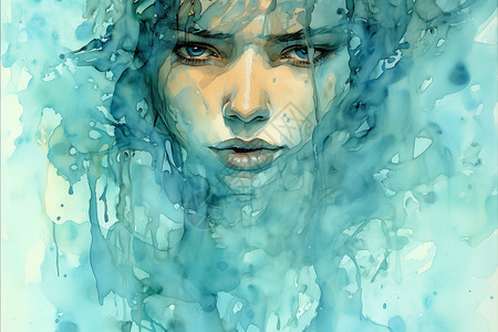 蓝色墨染水彩画中的女子插画