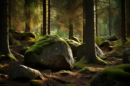 森林中的岩石背景图片