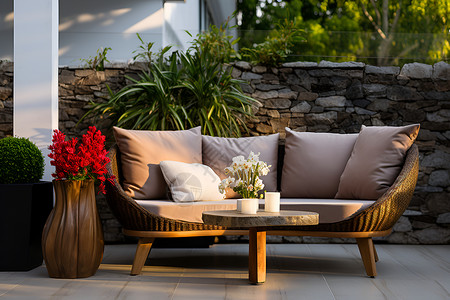 庭院躺椅露台上的藤编沙发背景