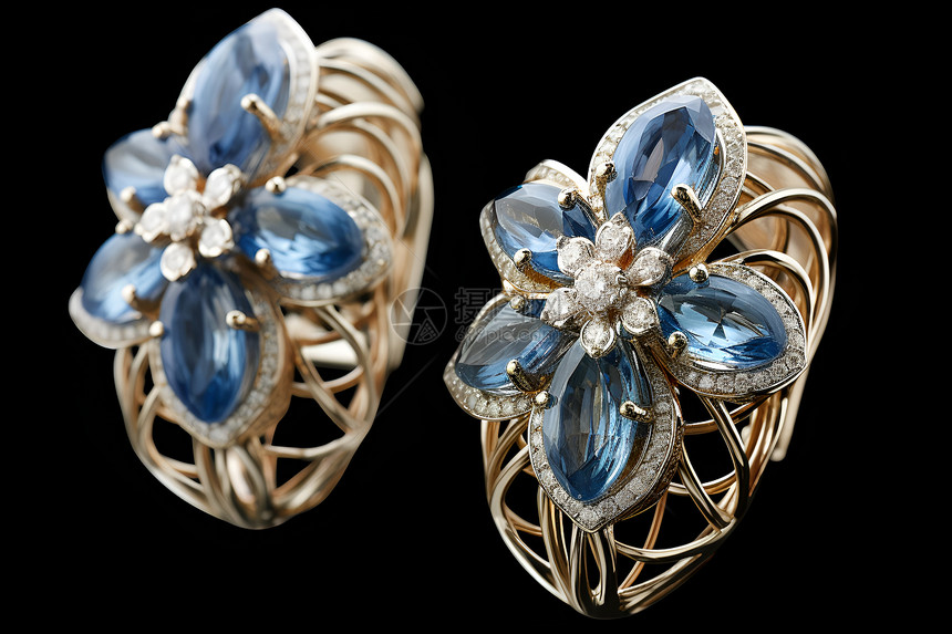 蓝宝石花型戒指图片