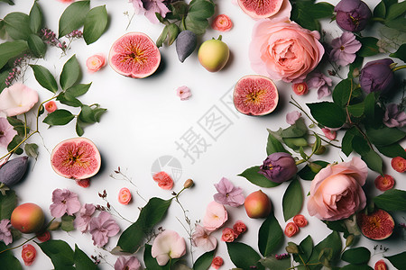 边框玫瑰花与水果背景