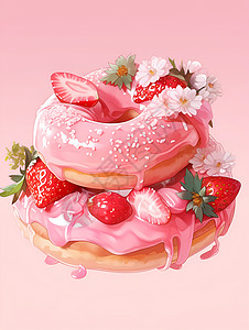 美味草莓甜点粉色草莓甜甜圈插画