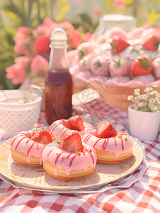 美食天堂中的草莓糖霜甜甜圈高清图片