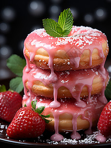 鲜艳草莓鲜艳的甜甜圈背景