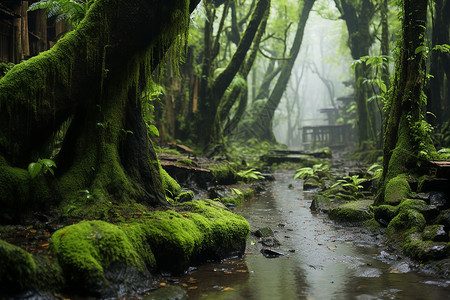 茂密雨林里的河流背景图片