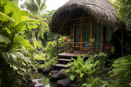 热带雨林中的小屋高清图片