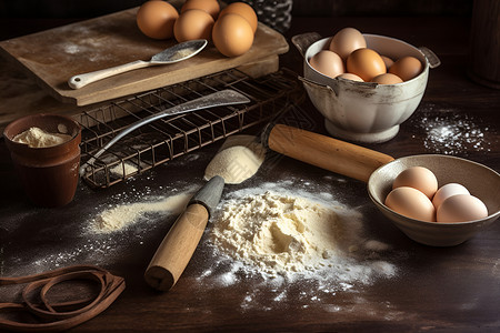 厨房里的面粉的鸡蛋背景图片