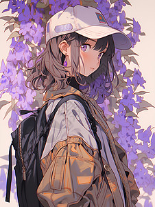 紫花衬托下的女孩背景图片