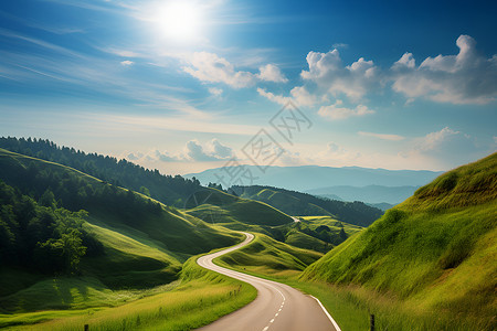 翠绿山谷里的道路背景图片