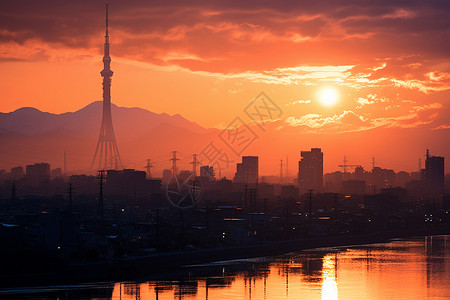 夕阳下的城市天际线背景图片