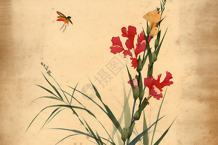 绿叶与红花蝴蝶与花朵插画