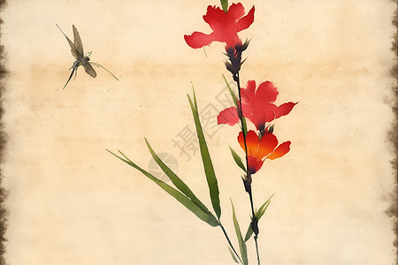 花与蜻蜓水墨画背景图片