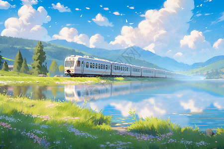 超美天空素材湖畔列车之美插画