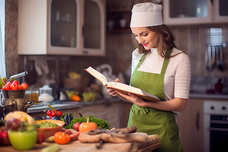 厨房中烹饪美食的外国女人背景图片