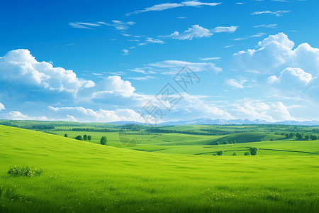 青天白云下的绿色田野高清图片