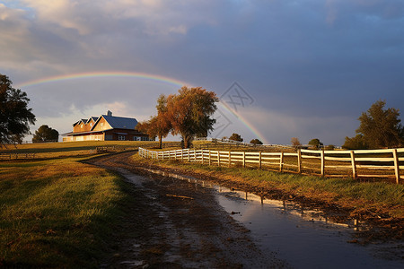 乡村牧场上空的彩虹背景图片