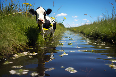 水边的一头牛背景图片